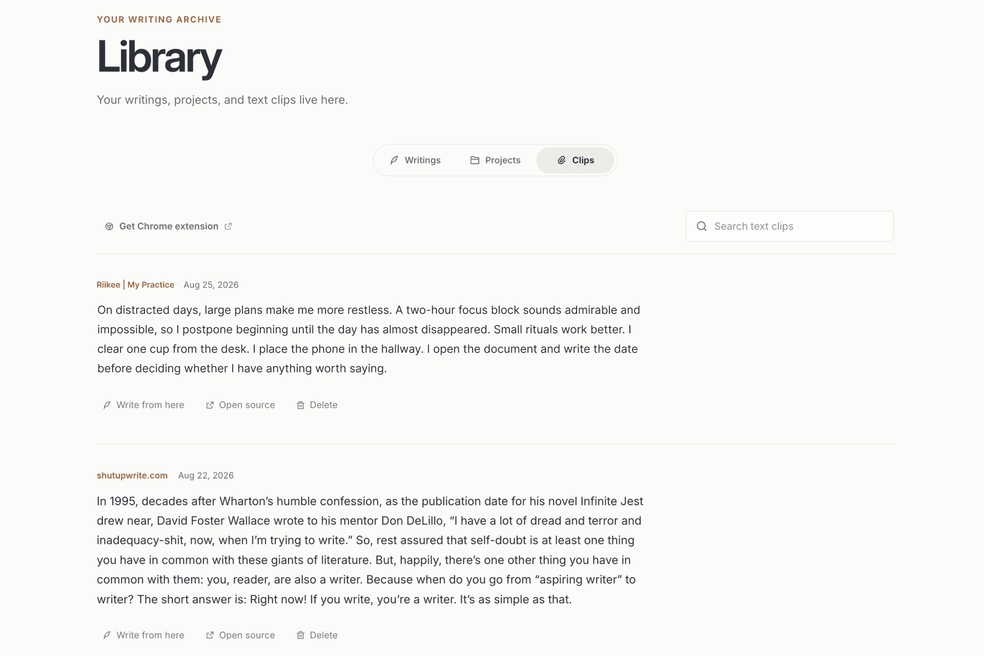 The Clips tab in the Riikee Library showing saved passages and their sources