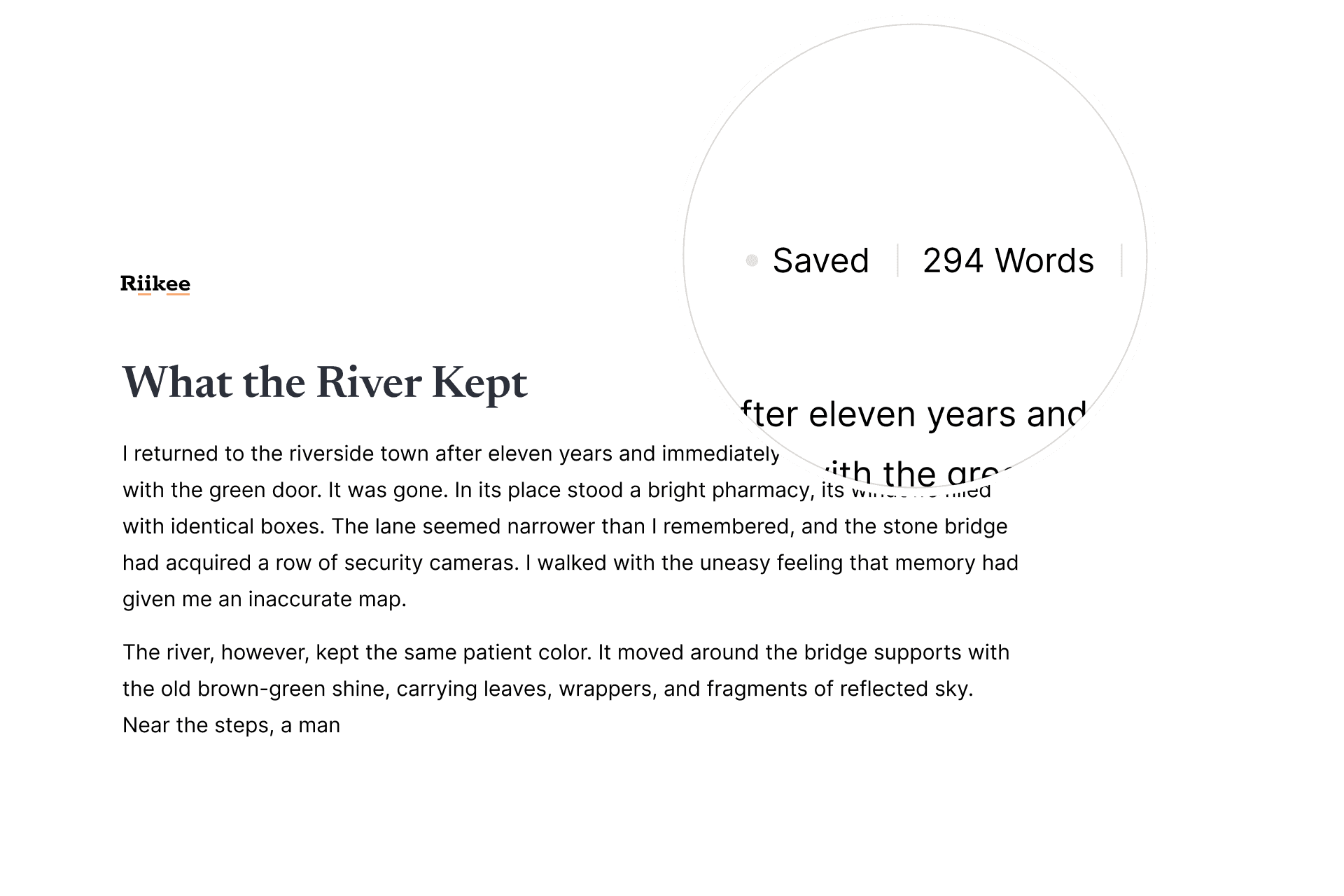 A close view of Riikee's saved status and live word count above a writing page.