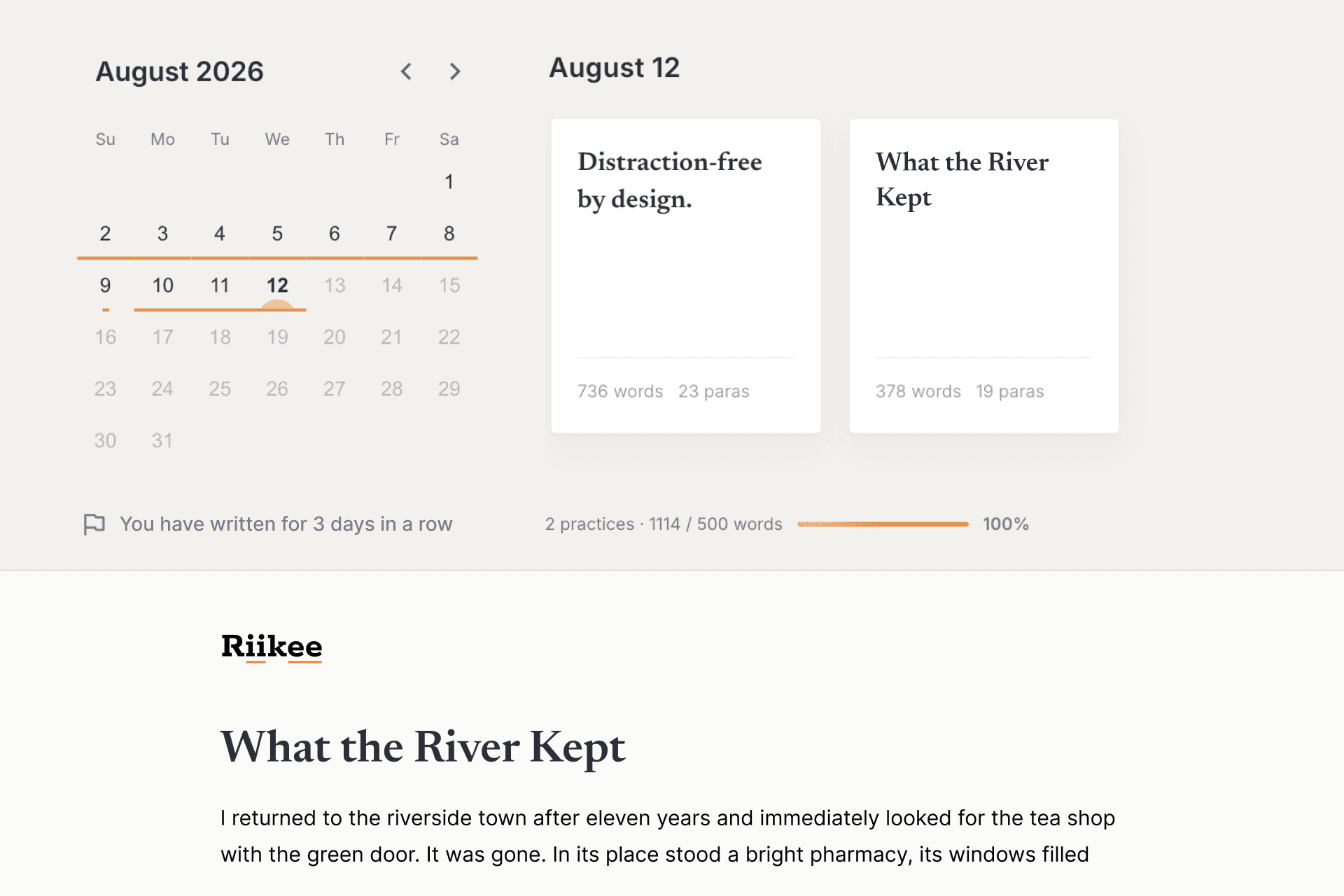 Riikee's writing calendar beside two daily entries, with a three-day writing streak and progress toward a 500-word daily goal.