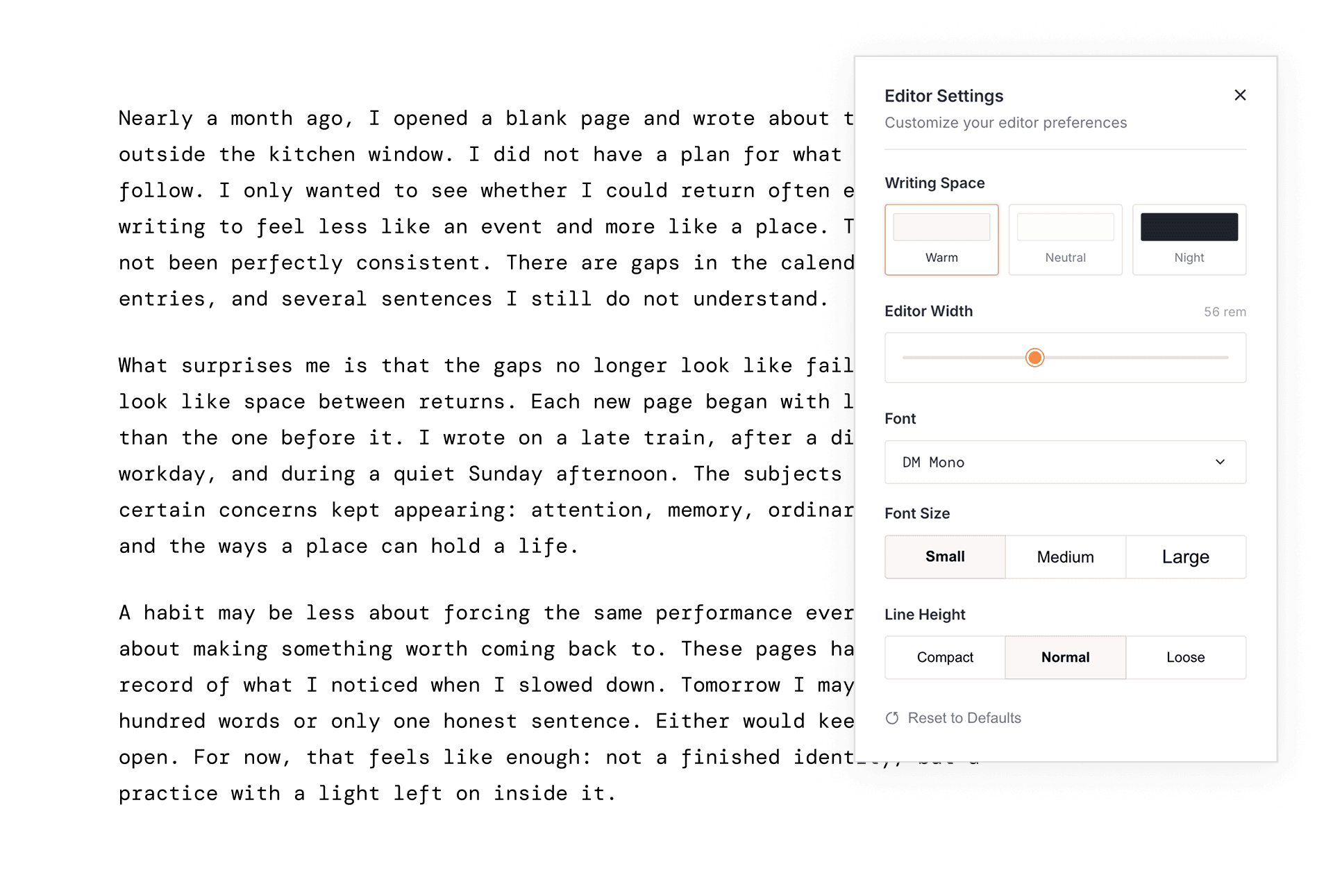 Riikee Editor Settings showing writing space themes, editor width, font, font size, and line height controls.