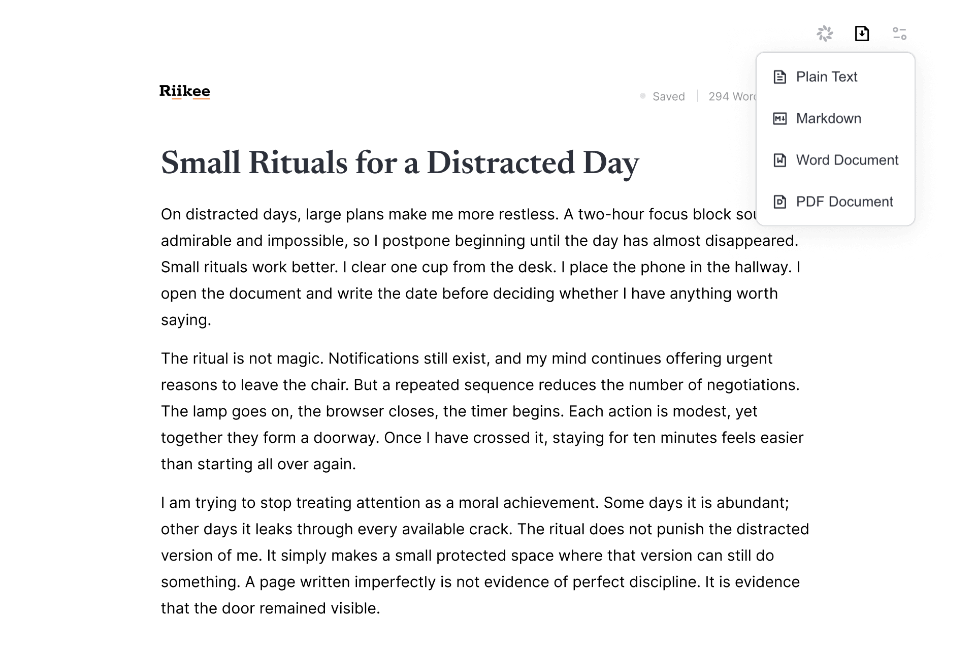 The export menu on a saved Riikee practice, with Plain Text, Markdown, Word Document, and PDF Document formats.