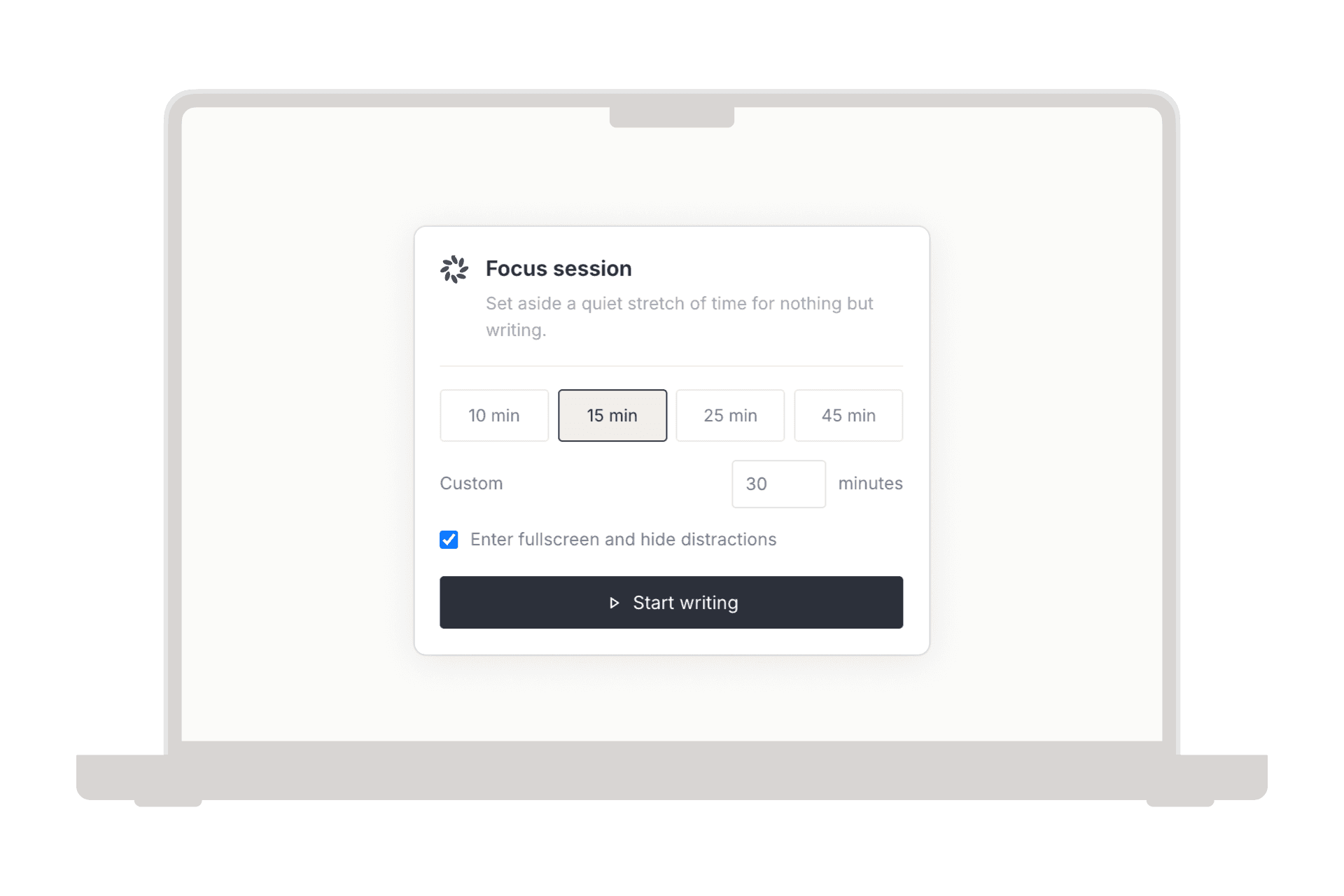 Riikee Focus Session setup with a 15-minute duration selected and fullscreen enabled.