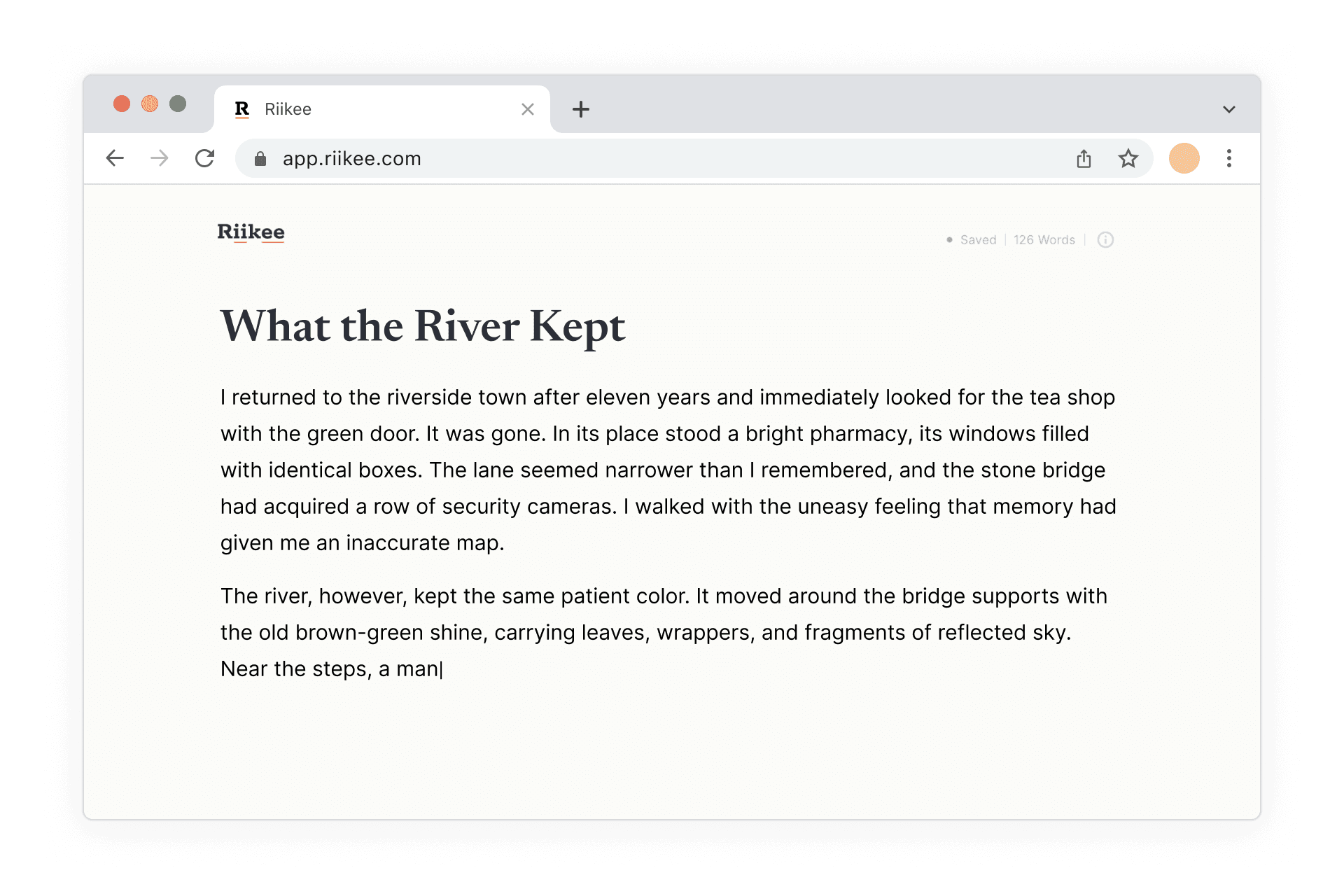 The Riikee editor showing a centered writing page, save status, and word count.