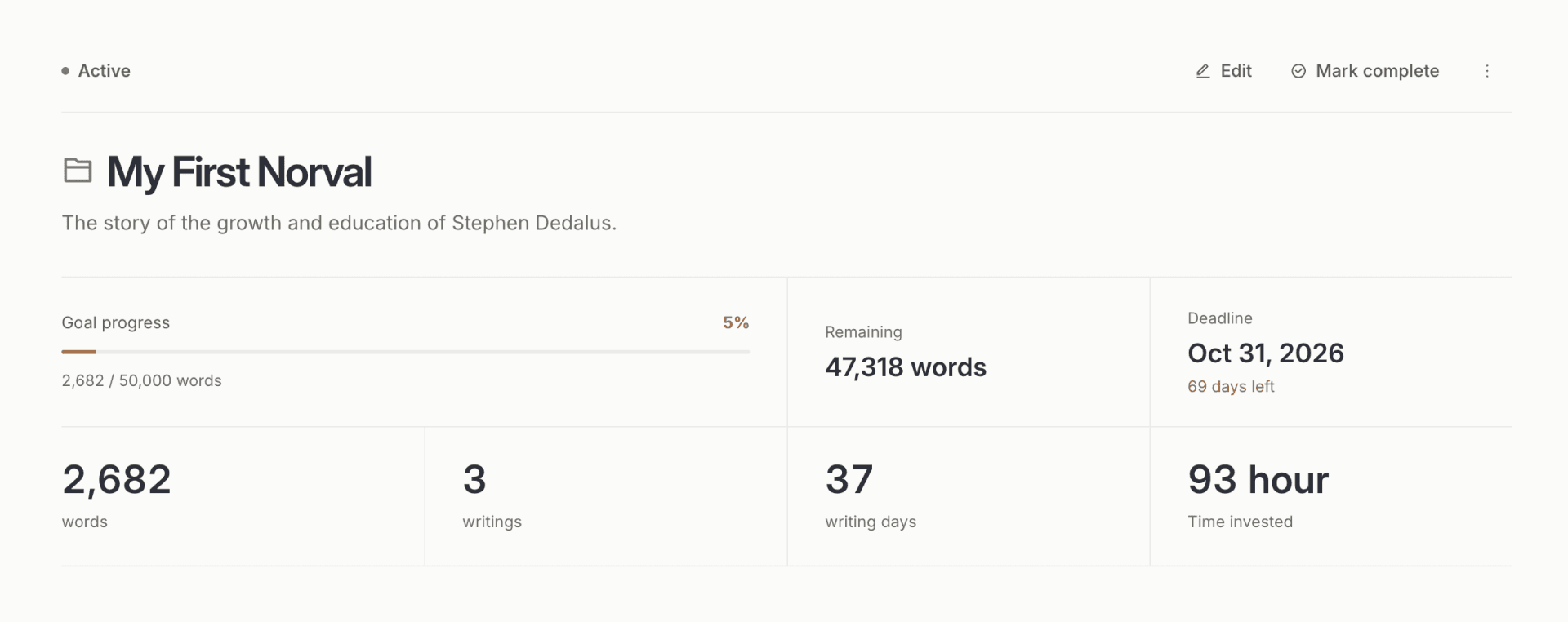 Capture the Project detail area showing word goal progress, remaining words, deadline, and time remaining. Use realistic values that are easy to read.