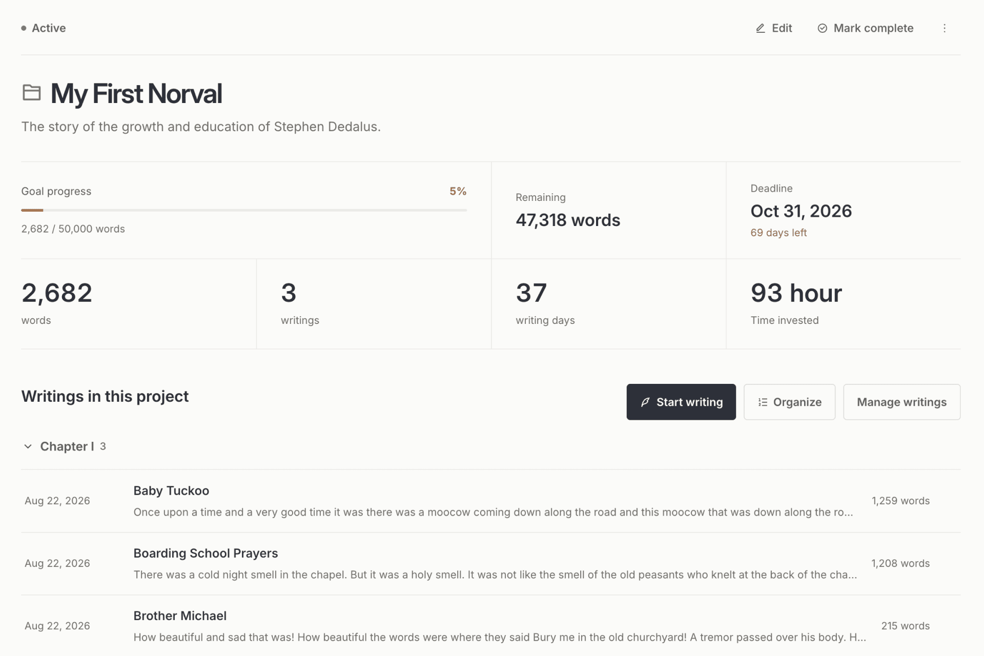 Capture a populated Project detail page with its title, summary, status, compact statistics, goal progress, Sections, and several Writings visible.