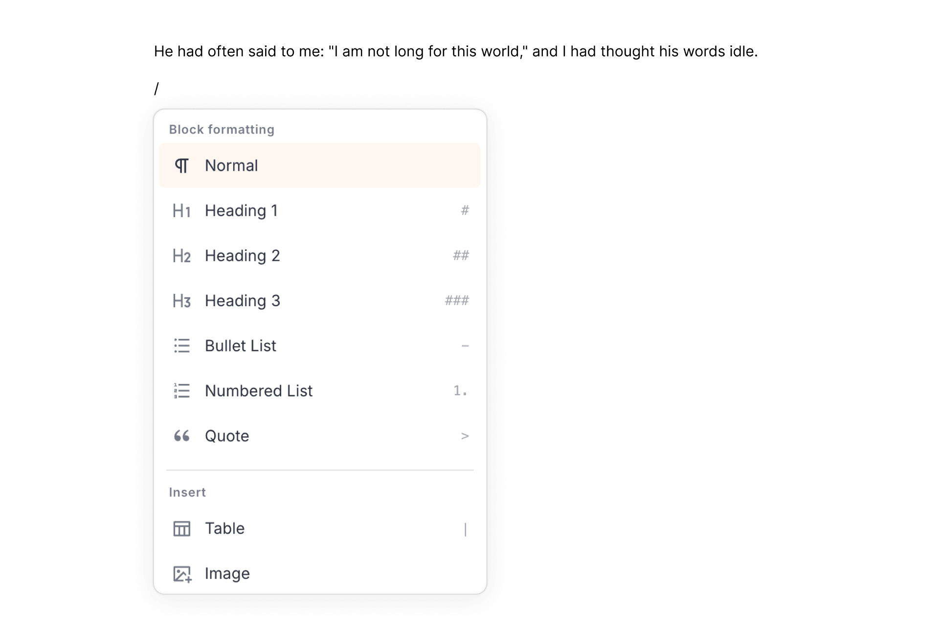 The Riikee Slash Menu showing block formatting options, lists, quotes, tables, and images.