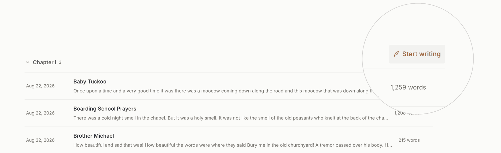 Capture a Project Section in its hover state with “Start writing” visible, together with the resulting Writing page showing the Project and Section beside the title.