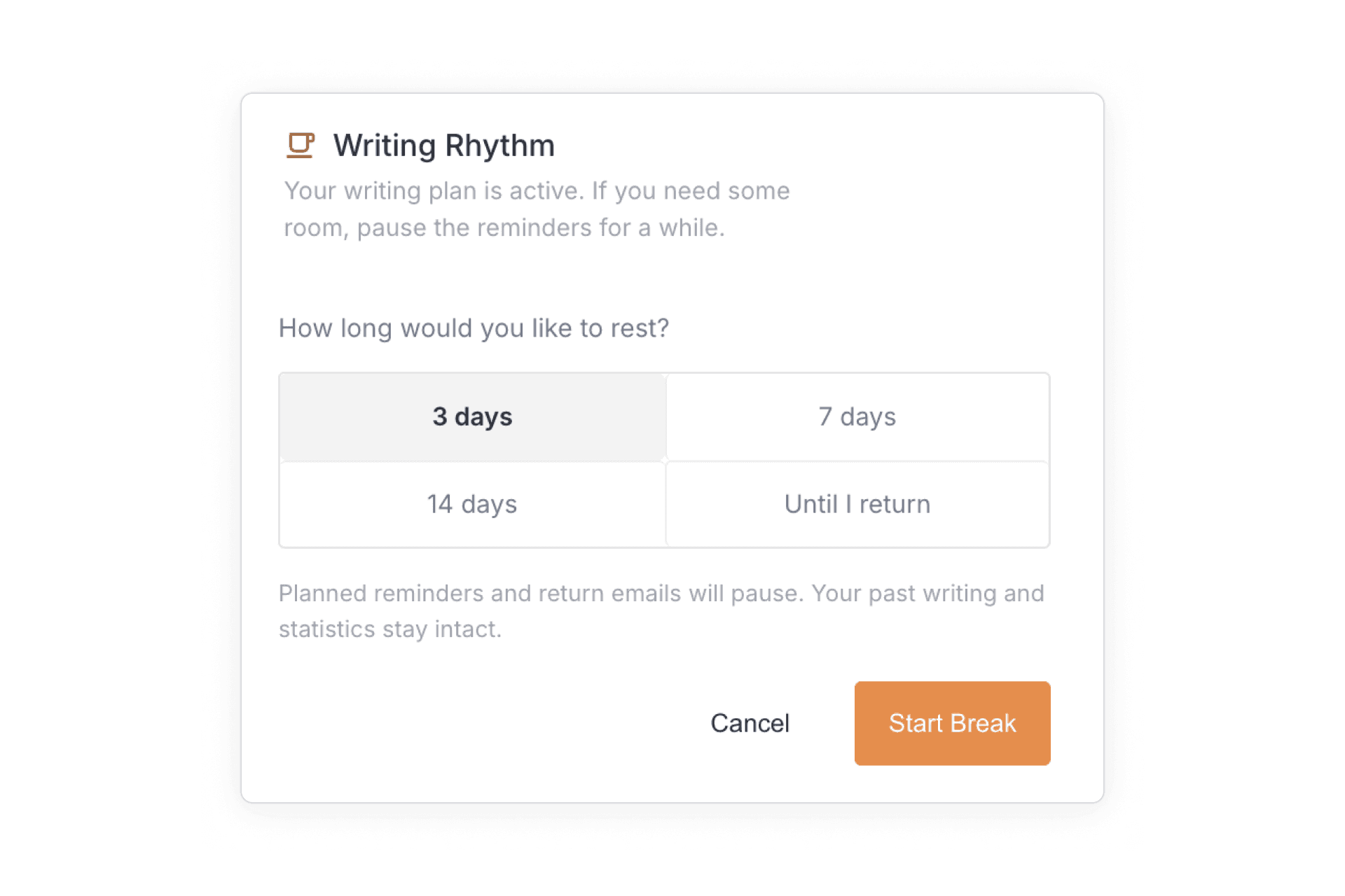 Riikee's Writing Rhythm break dialog, with options to pause reminders for 3, 7, or 14 days, or until the writer returns.