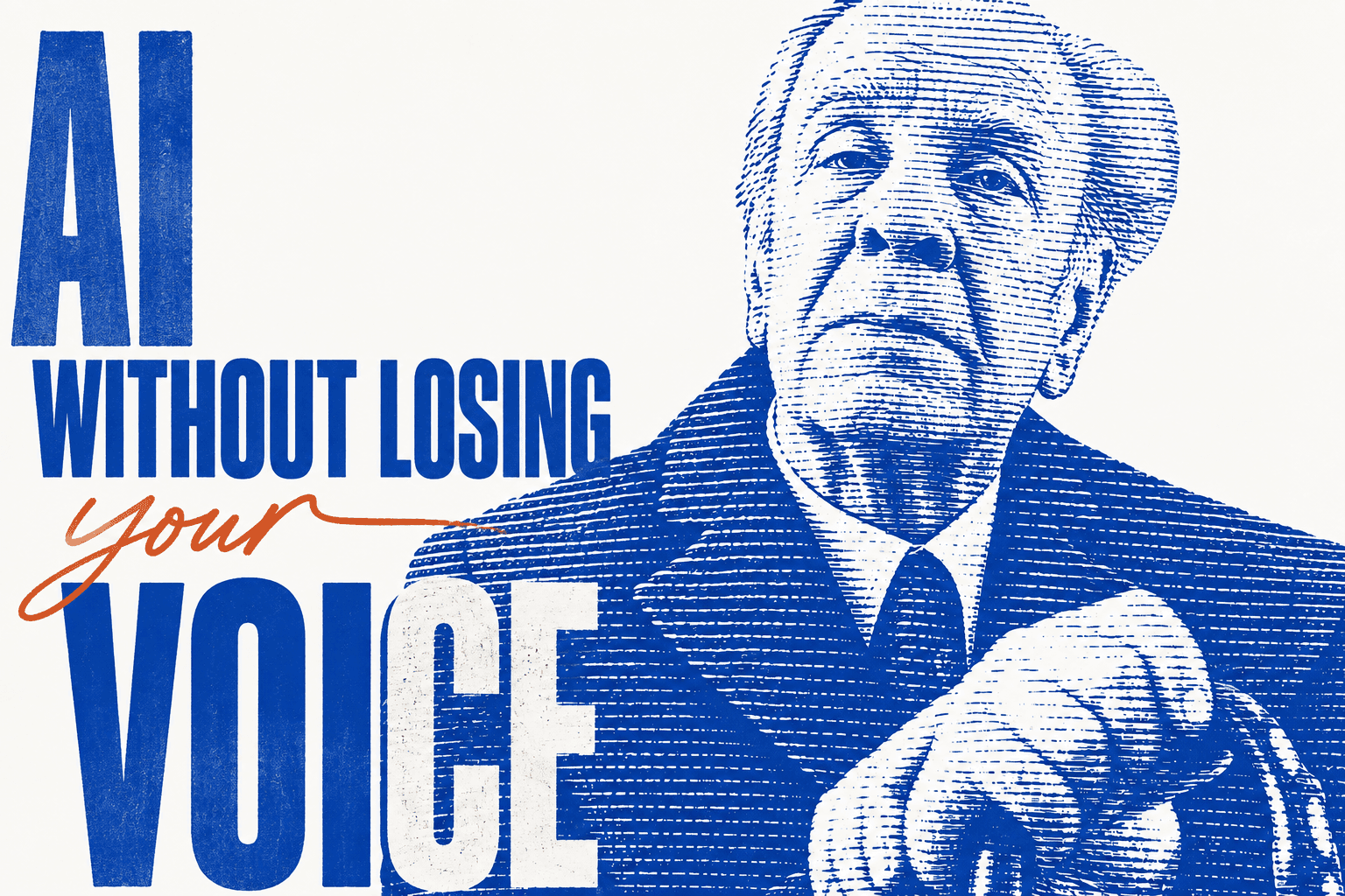 A two-ink line-screen portrait of Jorge Luis Borges crossed by the display copy "AI Without Losing Your Voice".