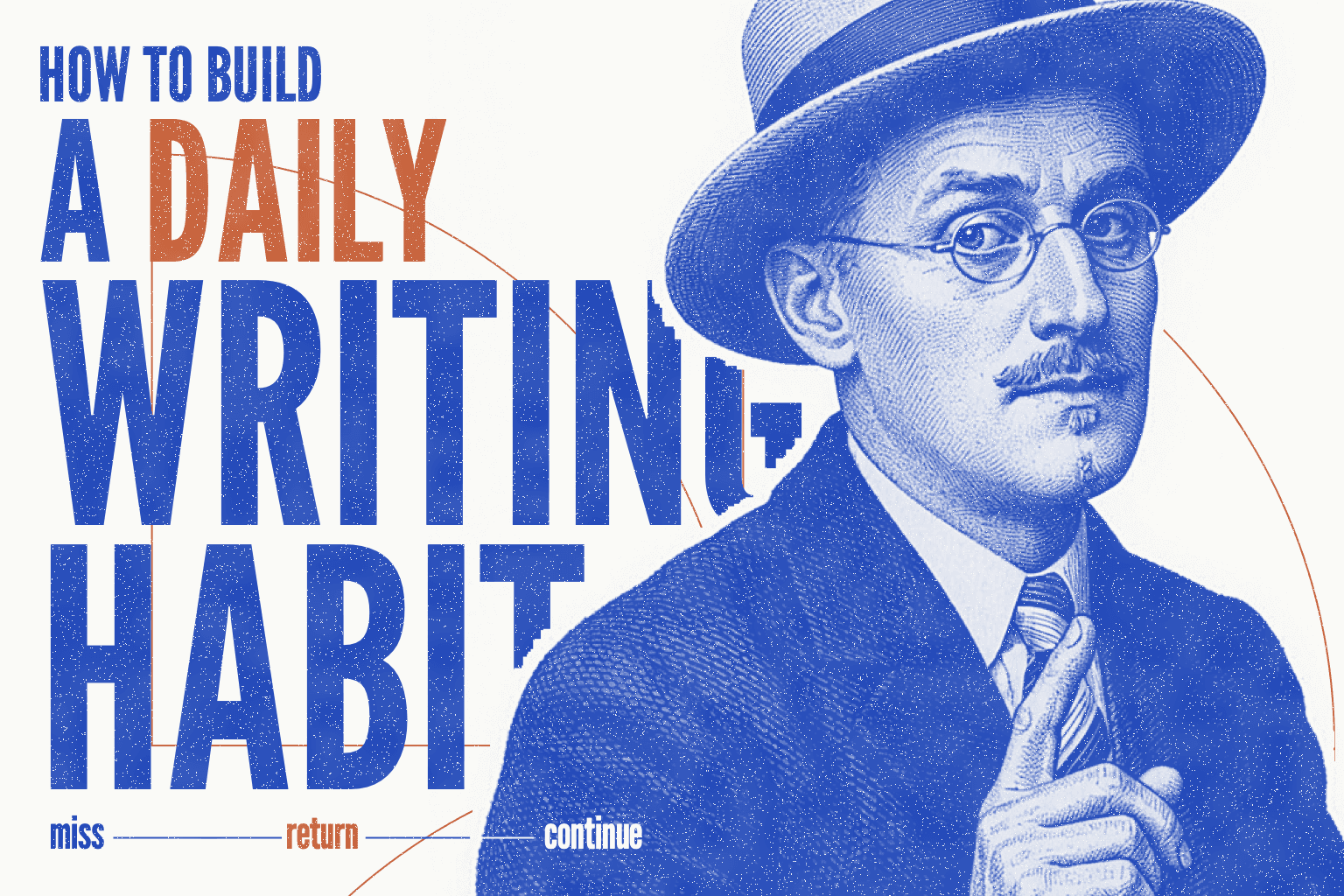 A cobalt and terracotta halftone portrait of James Joyce woven through the title How to Build a Daily Writing Habit.
