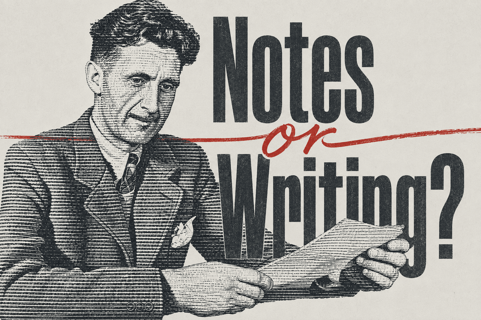 A two-ink line-screen portrait of George Orwell crossed by the display copy "Notes or Writing?".