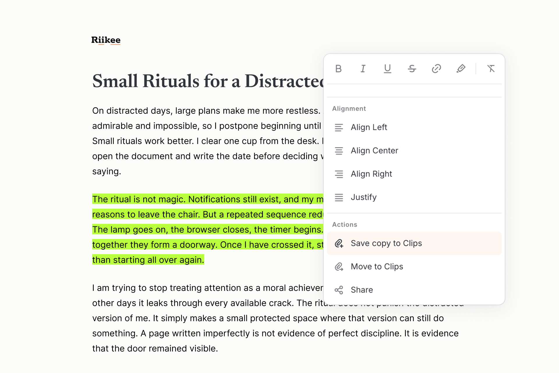 A selected passage in a Riikee Writing with options to save a copy to Clips or move it to Clips.