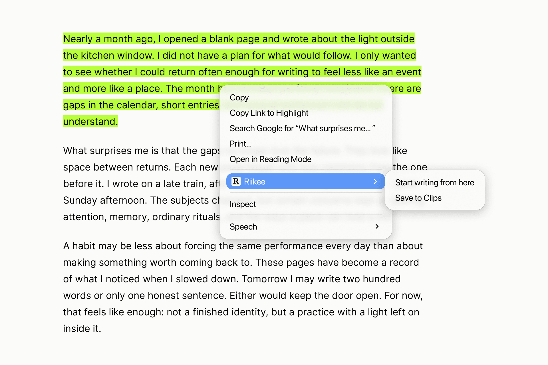 Selected text on a web page with the Riikee Chrome extension menu open to Save to Clips.