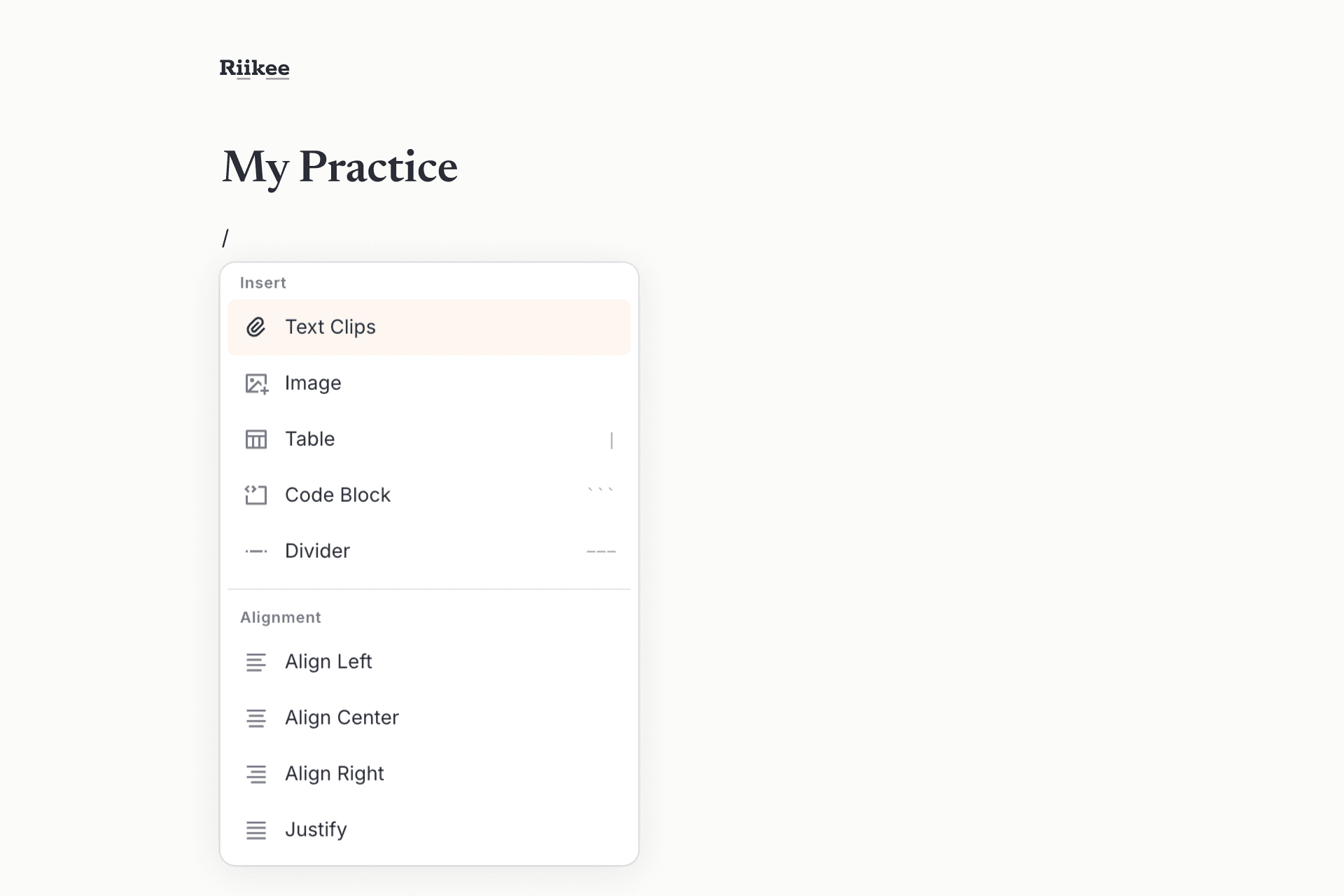 The Riikee editor Slash Menu with Text Clips selected.