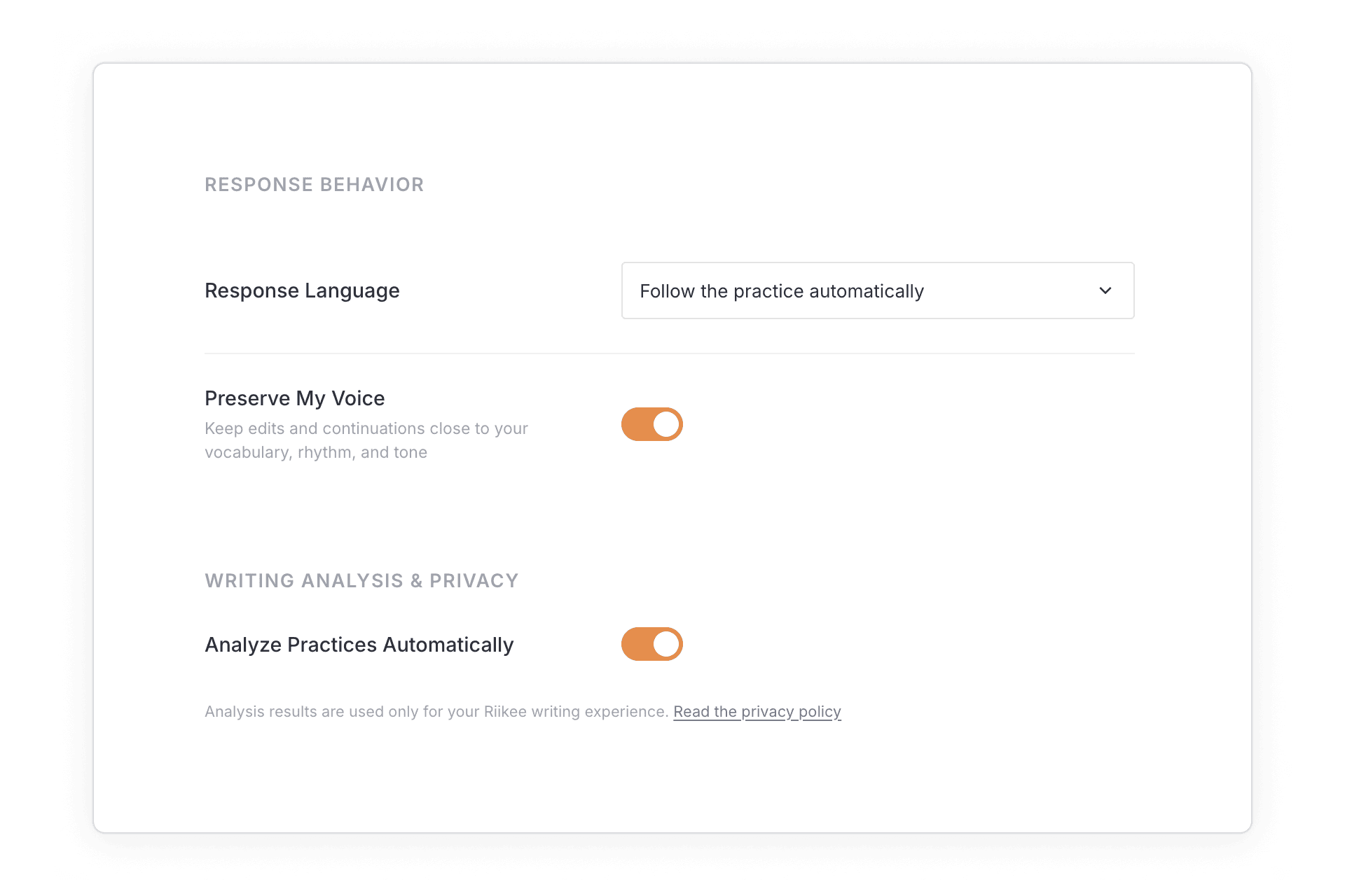 Riikee's AI response settings with Preserve My Voice enabled and the response language set to follow the writing practice automatically.