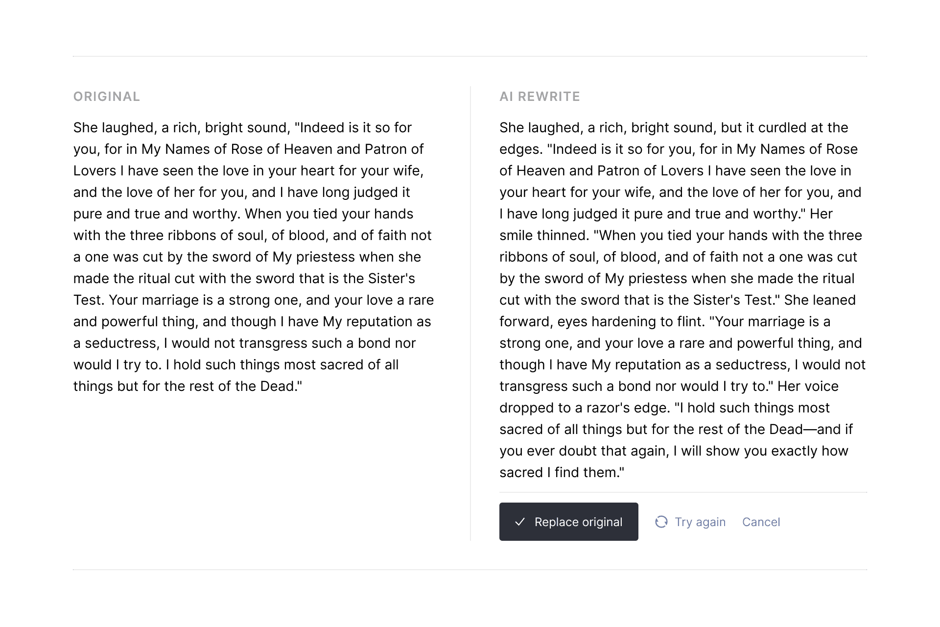 Riikee showing an original passage beside an AI rewrite, with controls to replace the original, try again, or cancel.