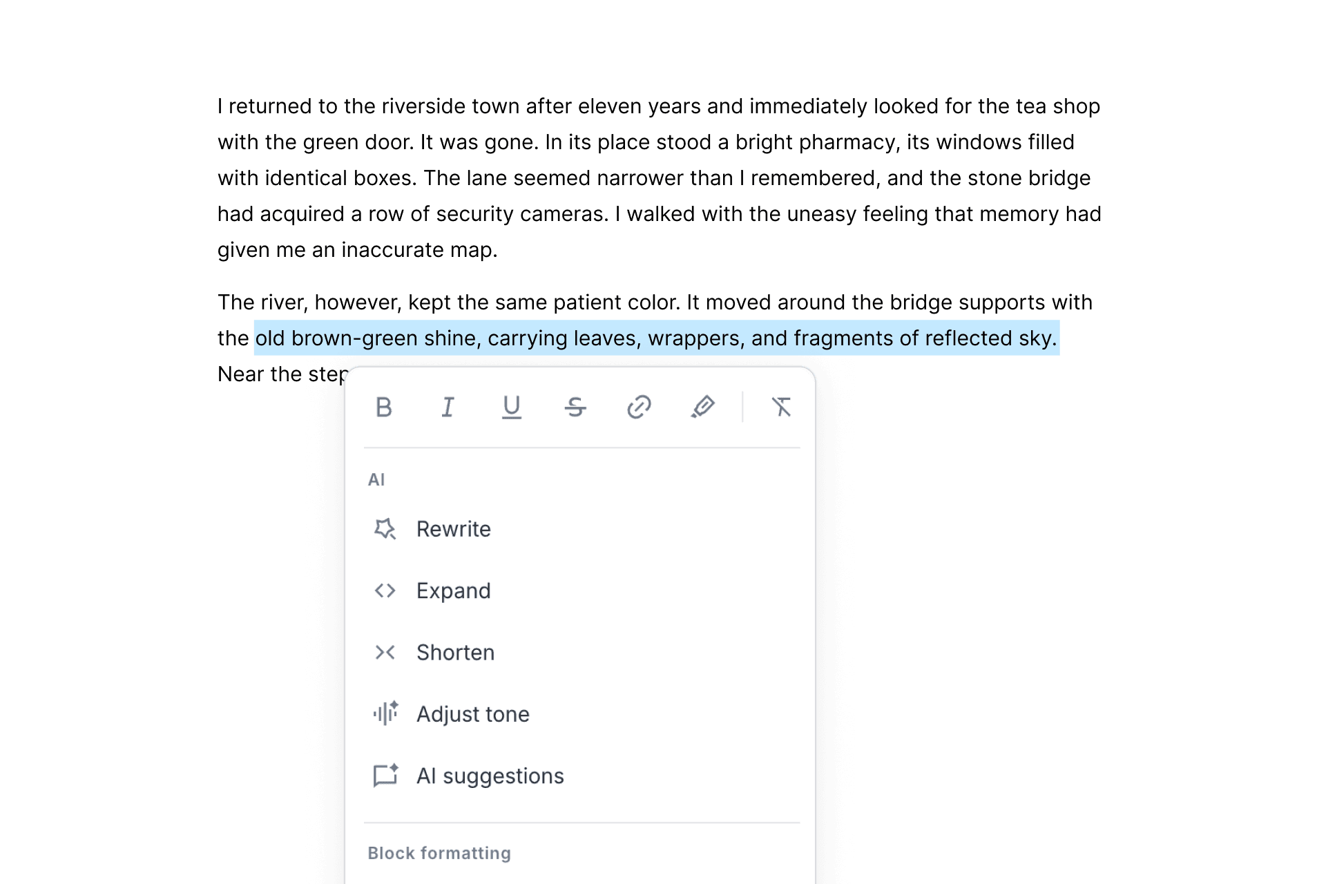 Riikee's contextual AI menu beside selected text, with options to rewrite, expand, shorten, adjust tone, or ask for suggestions.