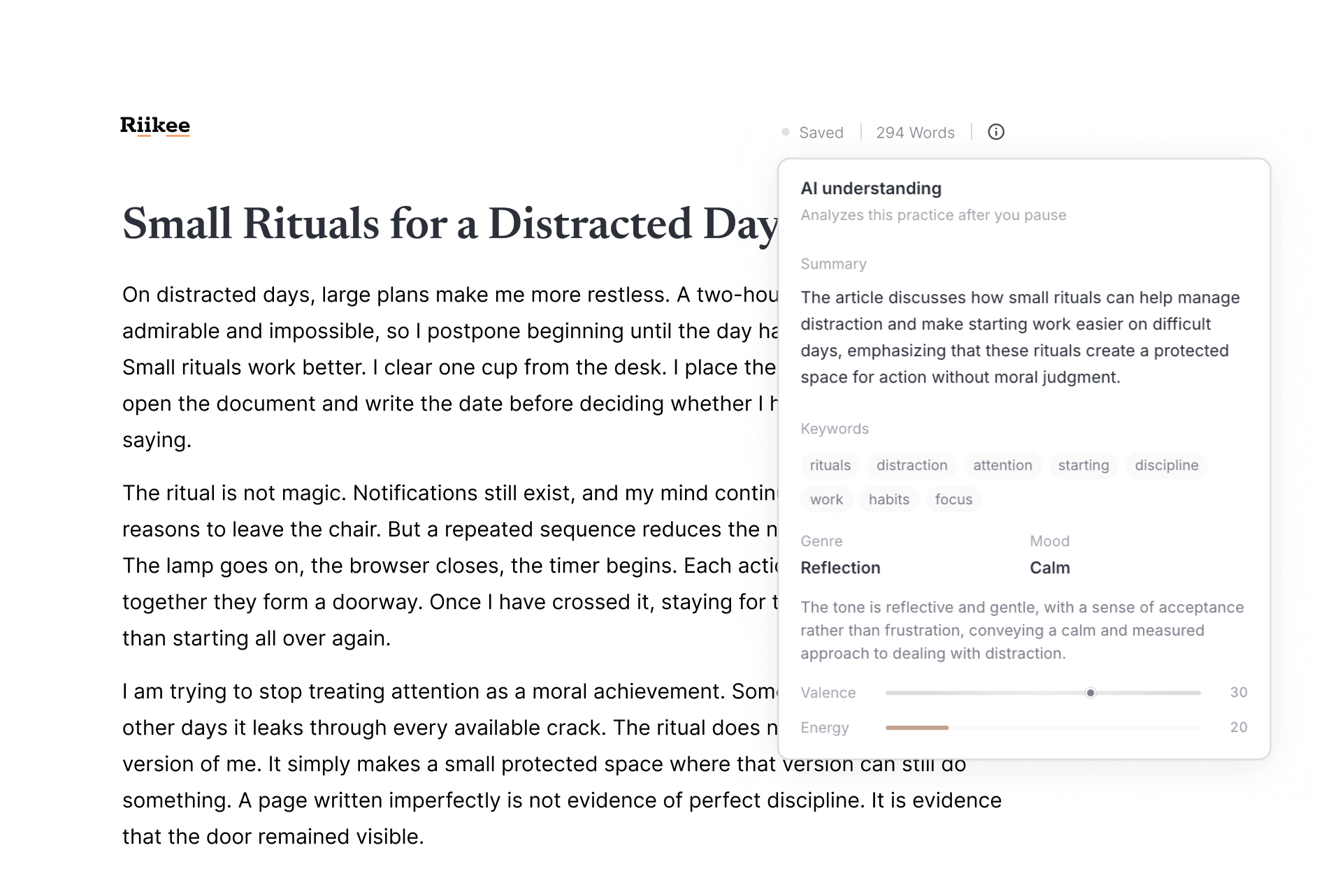 An analyzed Riikee practice with its Information panel open, showing an AI summary, keywords, genre, mood, valence, and energy.